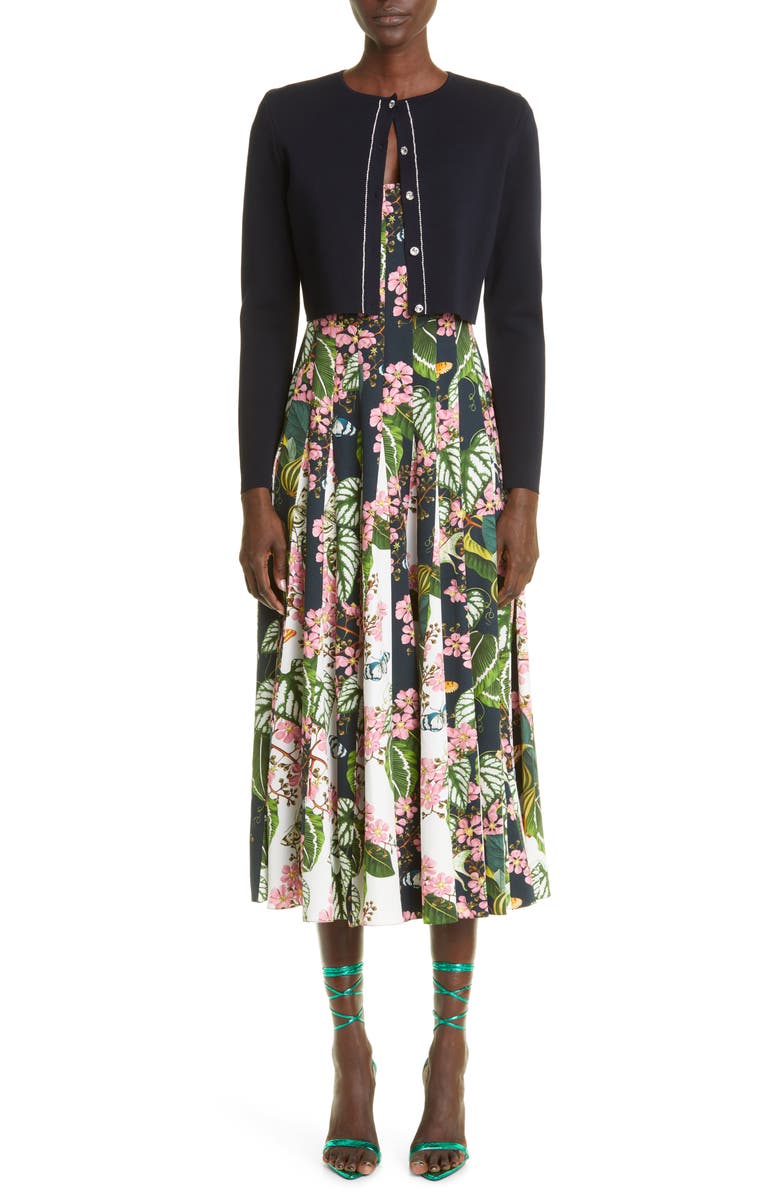 Oscar de la Renta Botanical Print Cap Sleeve Fit & Flare Dress, Alternate, color, 