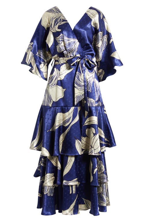 Ciebon Calix Floral Dot Jacquard Tiered Satin Maxi Dress In Blue