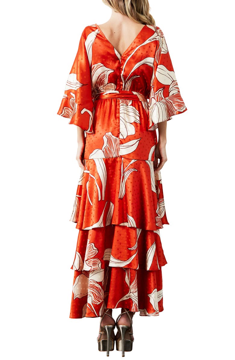 CIEBON Calix Floral Dot Jacquard Tiered Satin Maxi Dress, Alternate, color, Coral Red Multi