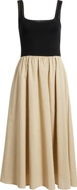 MOON RIVER Square Neck Mixed Media Midi Dress
