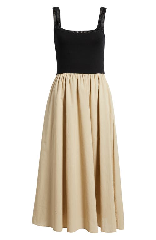 Moon River Square Neck Mixed Media Midi Dress In Black