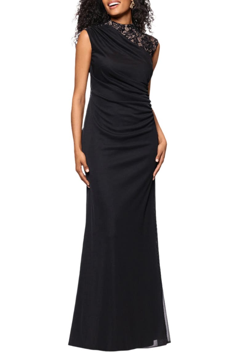 Lace Detail Mixed Media Ruched Gown, Alternate, color, BLACK/ NUDE