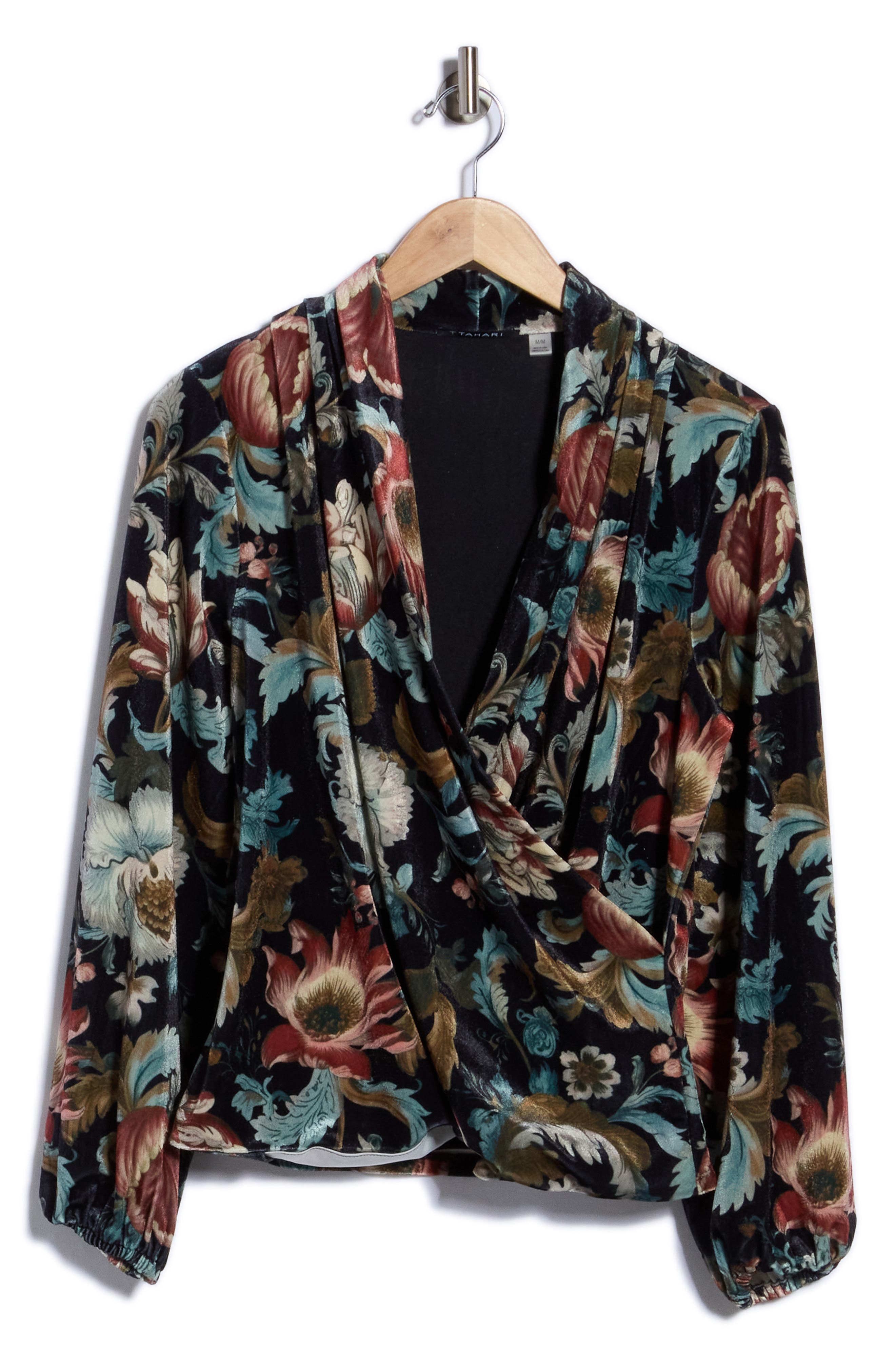 Floral Print Stretch Velvet Wrap Top