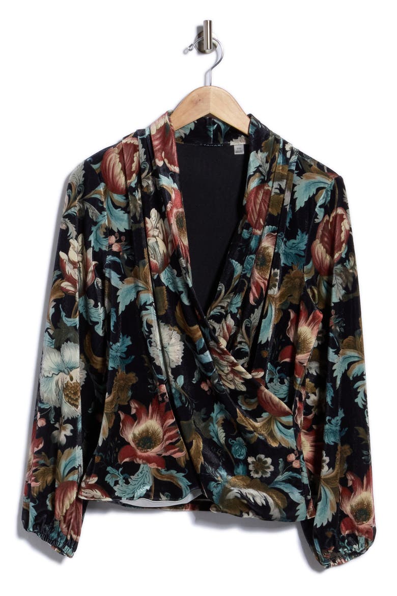 Floral Print Stretch Velvet Wrap Top, Main, color, BLACK FLORAL PRINT