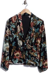 T Tahari Floral Print Stretch Velvet Wrap Top