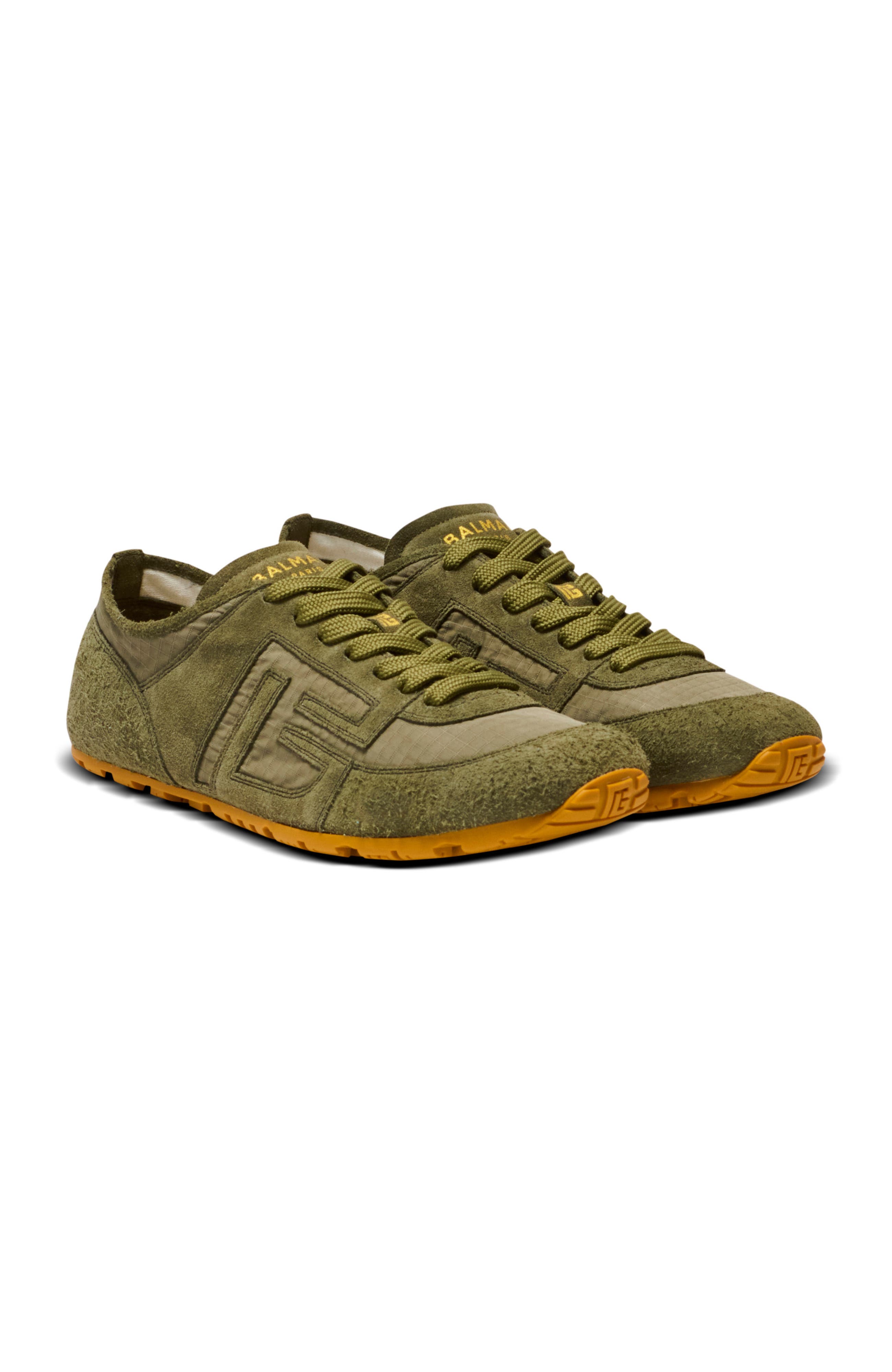 Balmain Racer 45 trainers in suede and ripstop nylon, Main, color, Khaki