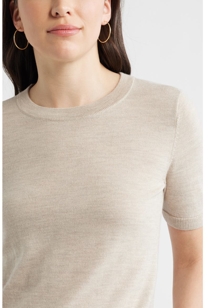 Short Sleeve Merino Wool Blend Sweater Top, Alternate, color, TAN DOESKIN HEATHER