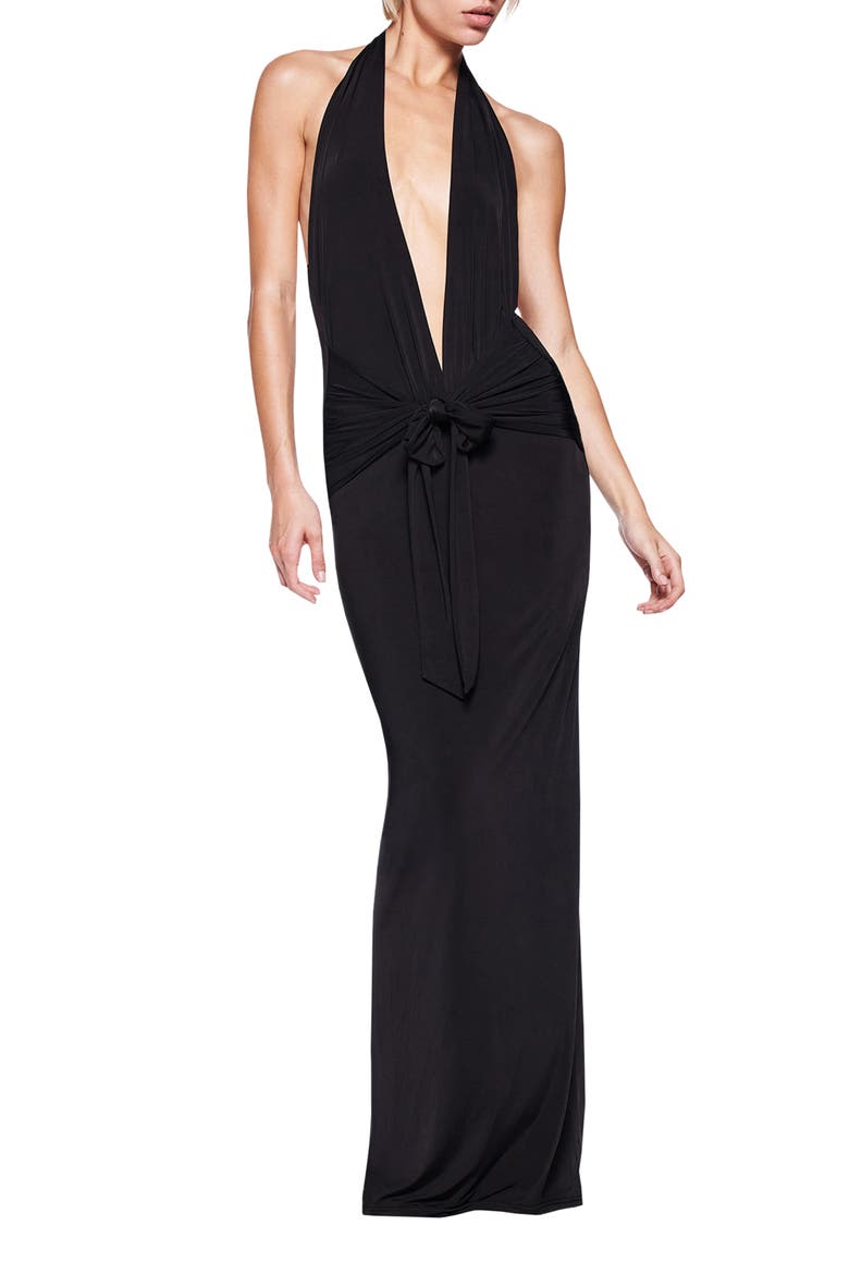 Ziva Plunge Halter Maxi Cocktail Dress, Main, color, BLACK