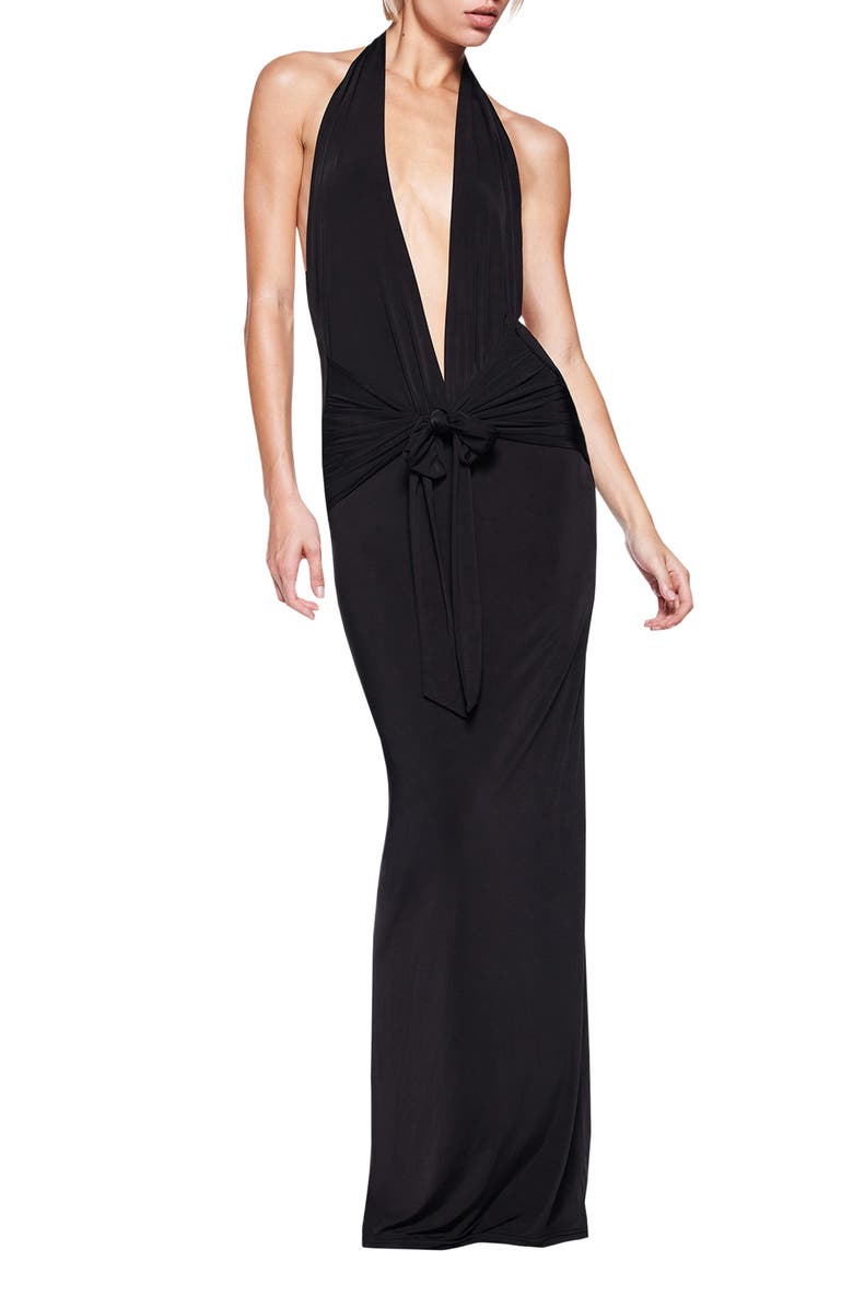 I.AM.GIA Ziva Plunge Halter Maxi Cocktail Dress, Main, color, Black