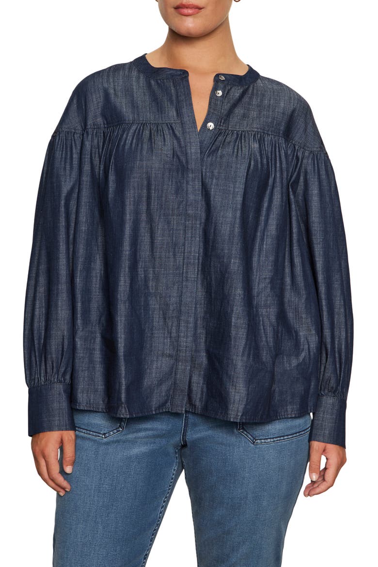 Personal Best Shirred Button-Up Shirt, Main, color, MOONSHADOW BLUE