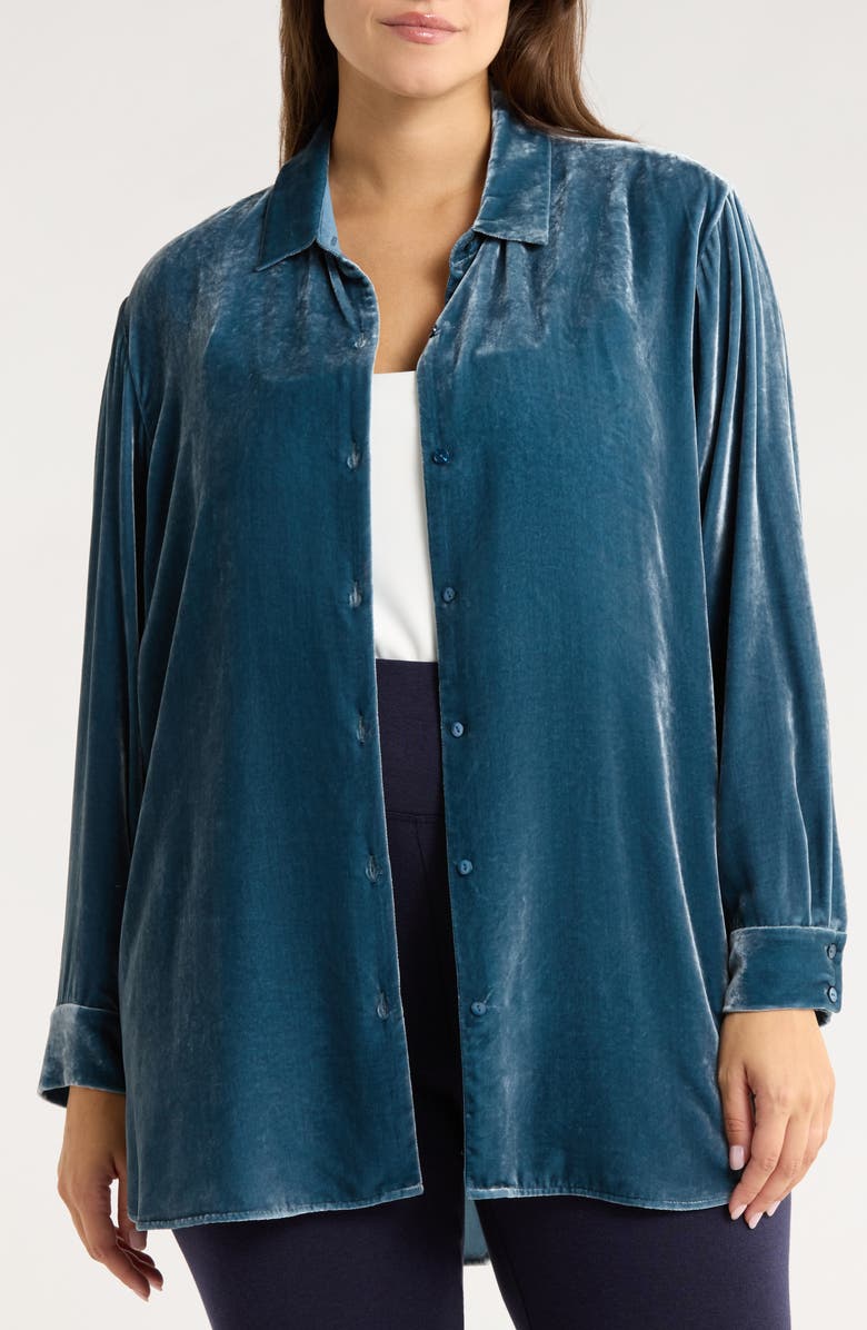 Eileen Fisher Classic Collar Velvet Button-Up Shirt, Alternate, color, Sea Spray