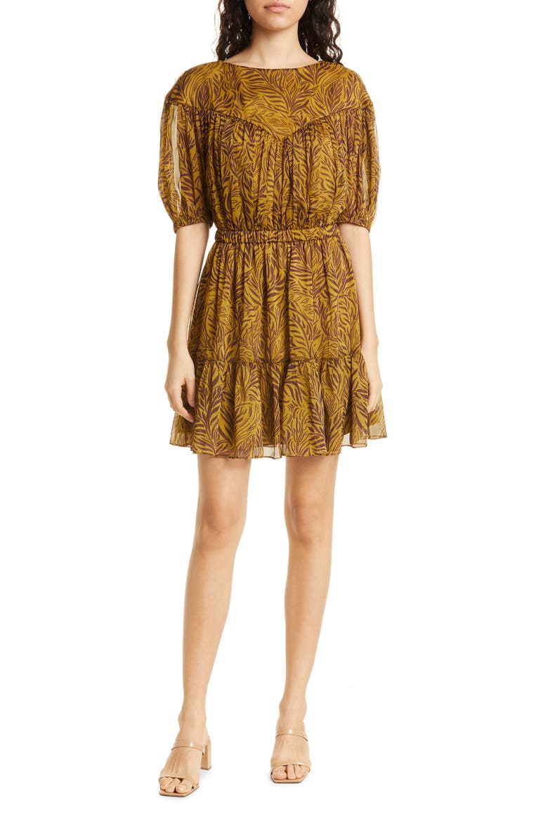 Mairley Leaf Print Ruffle Hem Dress, Main, color, MID YELLOW
