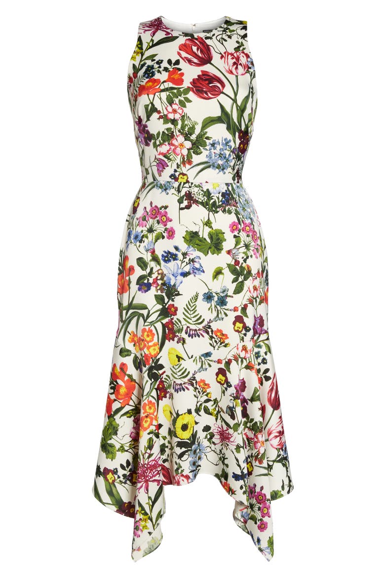 Botanical Print Charmeuse Midi Dress, Alternate, color, SOFT WHITE/ MULTI