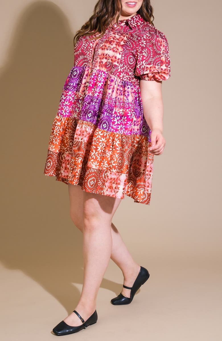 FLYING TOMATO Floral Patchwork Puff Sleeve Tiered Babydoll Shirtdress, Alternate, color, Burgundy Rust