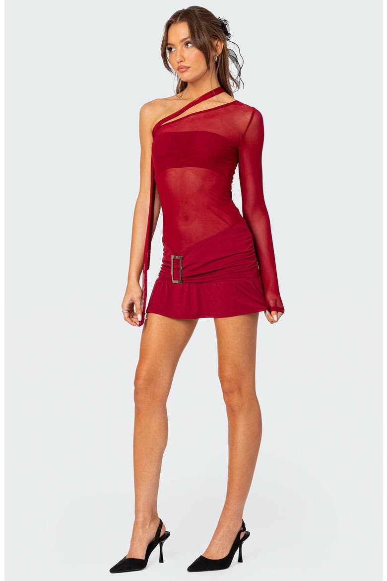 One-Shoulder Sheer Mesh Minidress, Alternate, color, RED