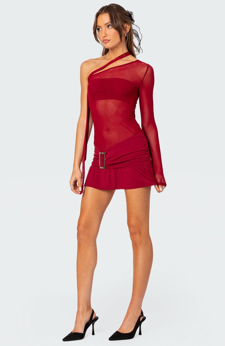 EDIKTED One-Shoulder Sheer Mesh Minidress, Alternate, color, Red