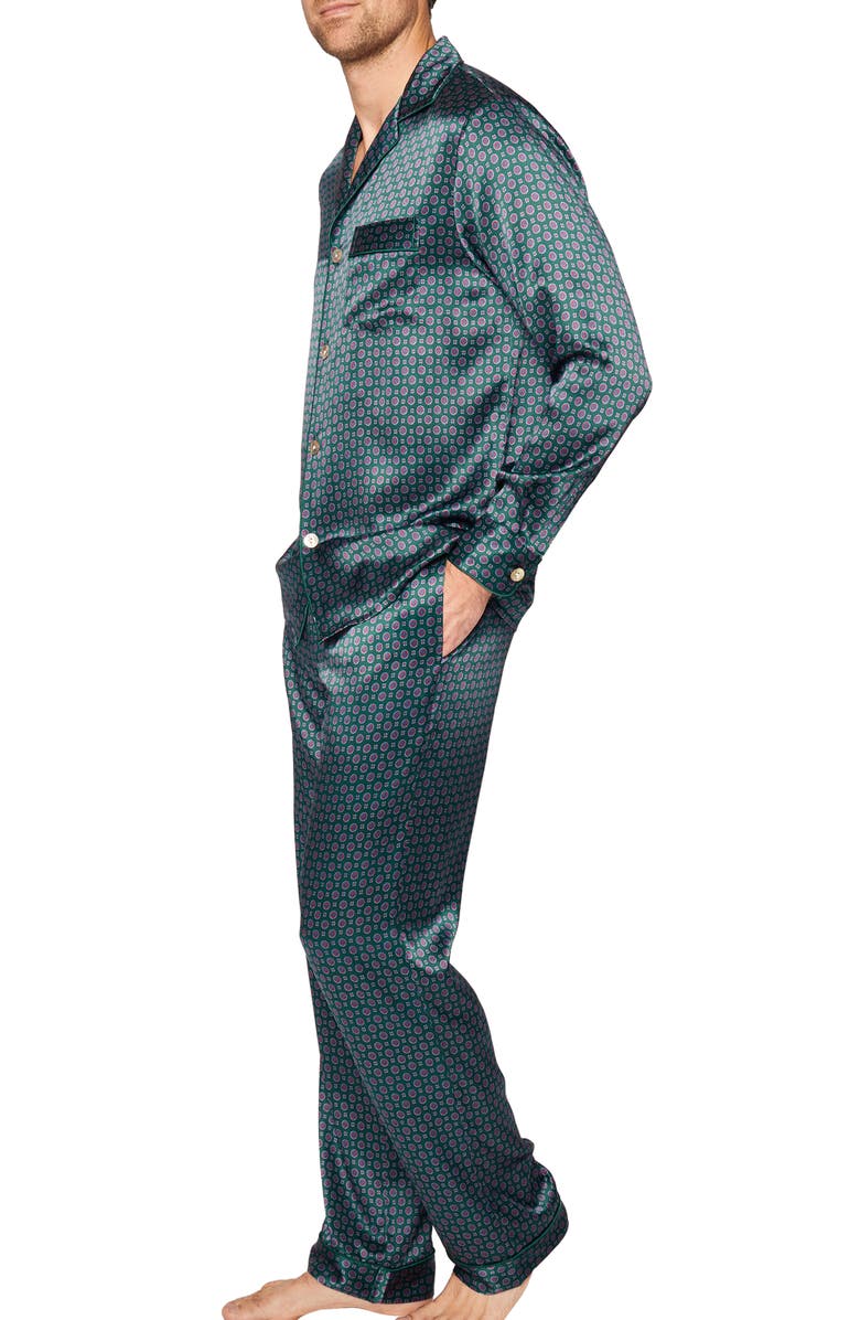 Petite Plume Emerald Medallion Mulberry Silk Pajamas, Alternate, color, Green