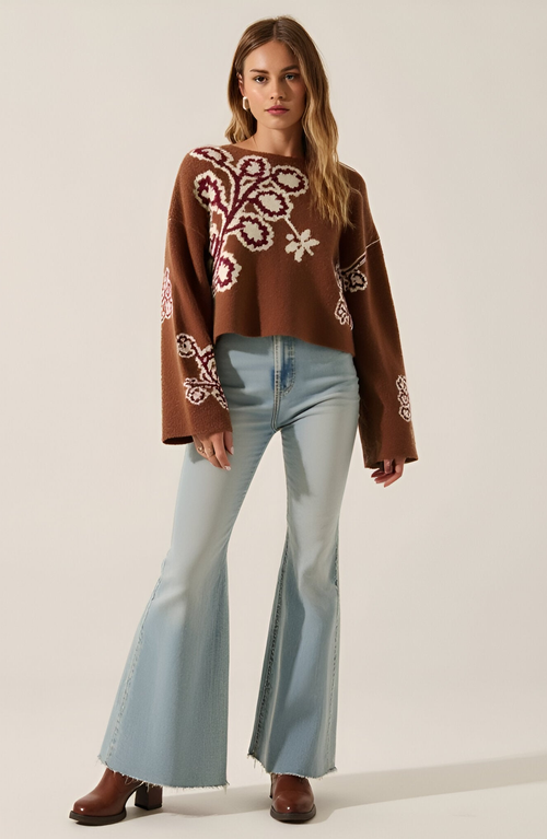 Modenaire Floral Jacquard Knit Sweater With Boat Neckline And Drop Shoulder Wide Sleeves In Brown