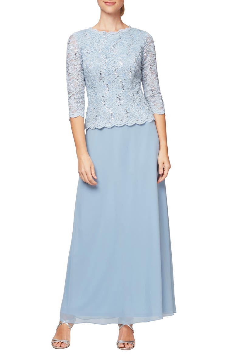 Sequin Lace & Chiffon Gown, Main, color, SKY BLUE