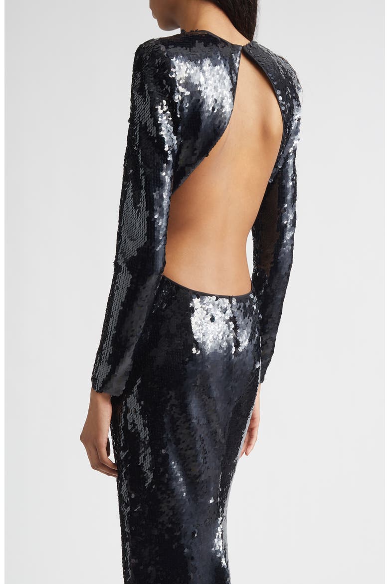 Long Sleeve Sequin Gown, Alternate, color, BLACK