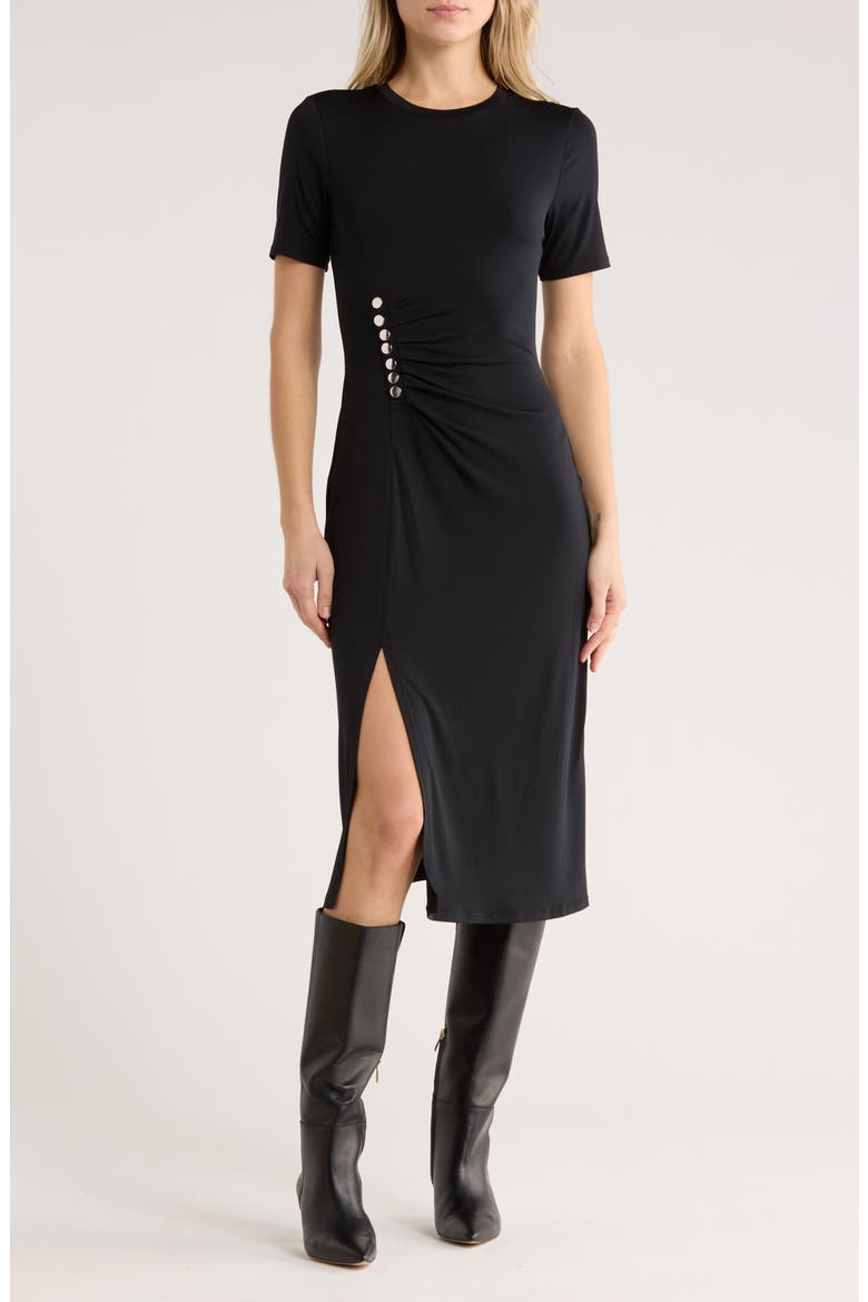 Lucille Pleated Studded Waist Dress, Main, color, BLACK