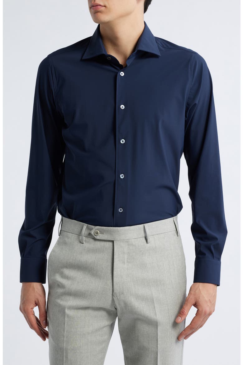 Piccadilly Solid Knit Nylon Blend Dress Shirt, Main, color, NAVY