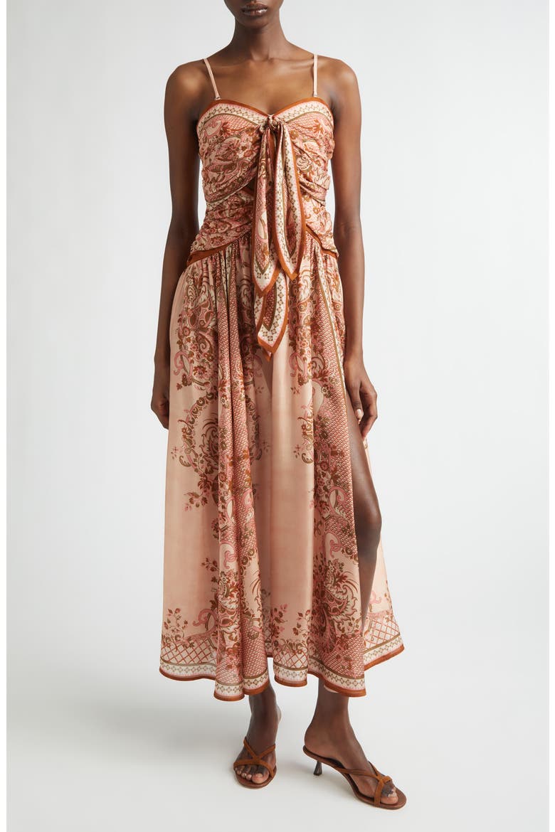 Aster Paisley Scarf Tie Silk Midi Dress, Main, color, PINK PAISLEY FLORAL