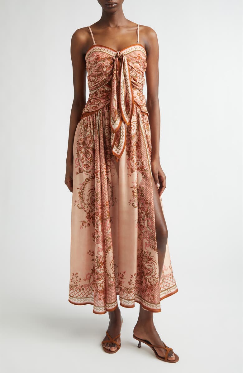 Zimmermann Aster Paisley Scarf Tie Silk Midi Dress, Main, color, Pink Paisley Floral