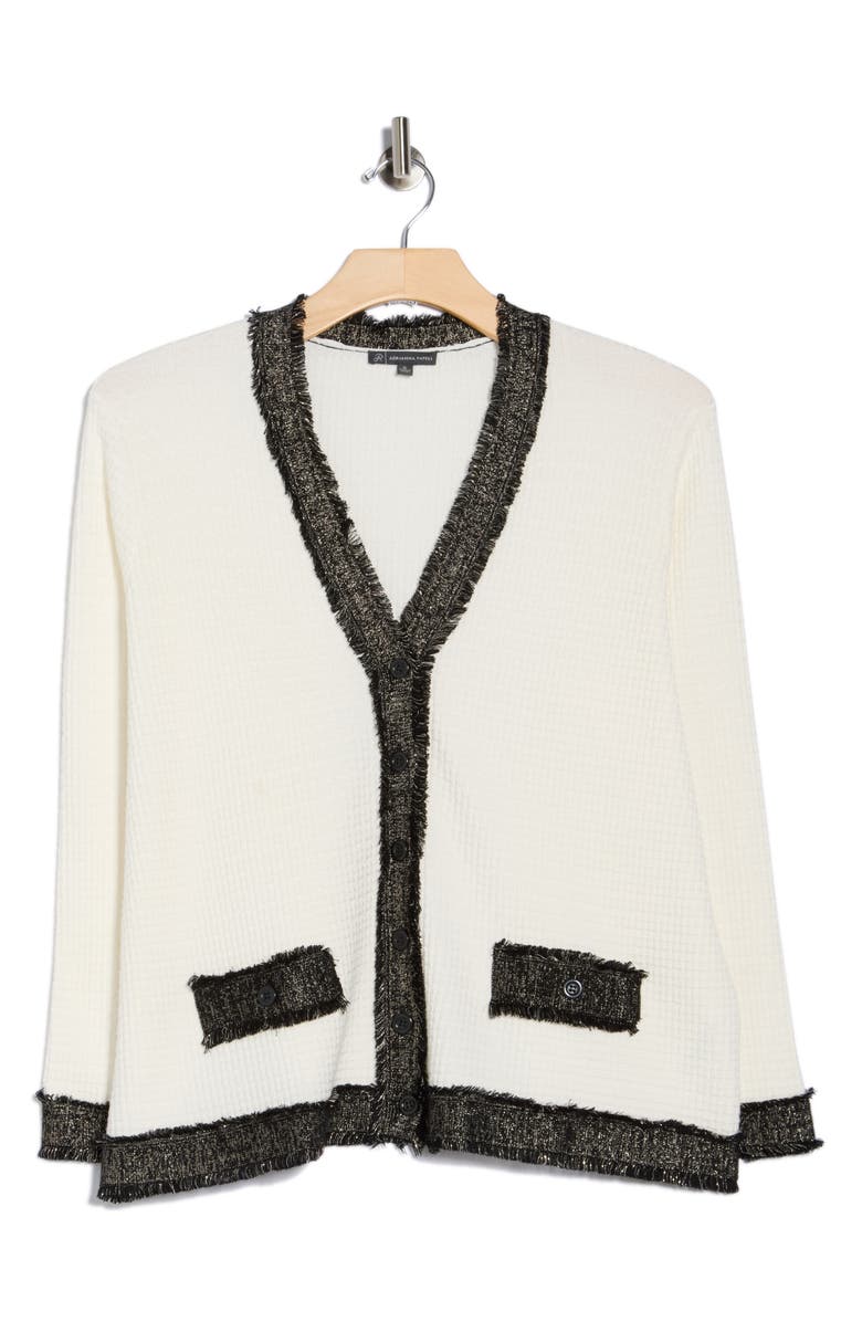 Adrianna Papell Fray Trim Waffle Knit Cardigan, Main, color, Ivory/ Black/ Gold