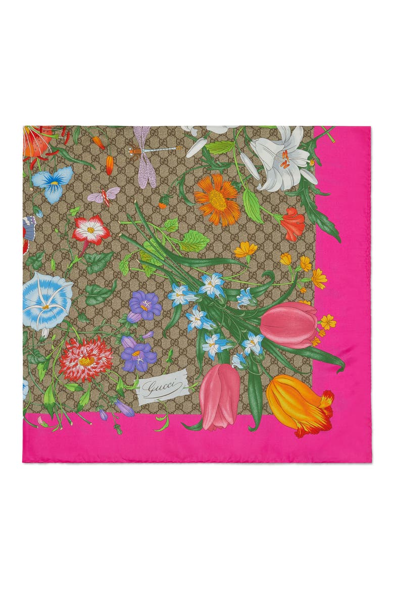 Big Flora Fluorescent Silk Scarf, Alternate, color, BEIGE/ PINK