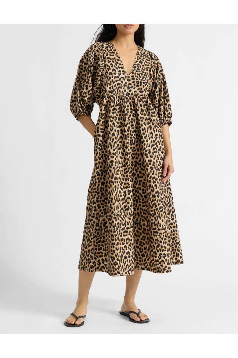 Animal Print V-Neck Cotton Midi Dress, Alternate, color, Brown