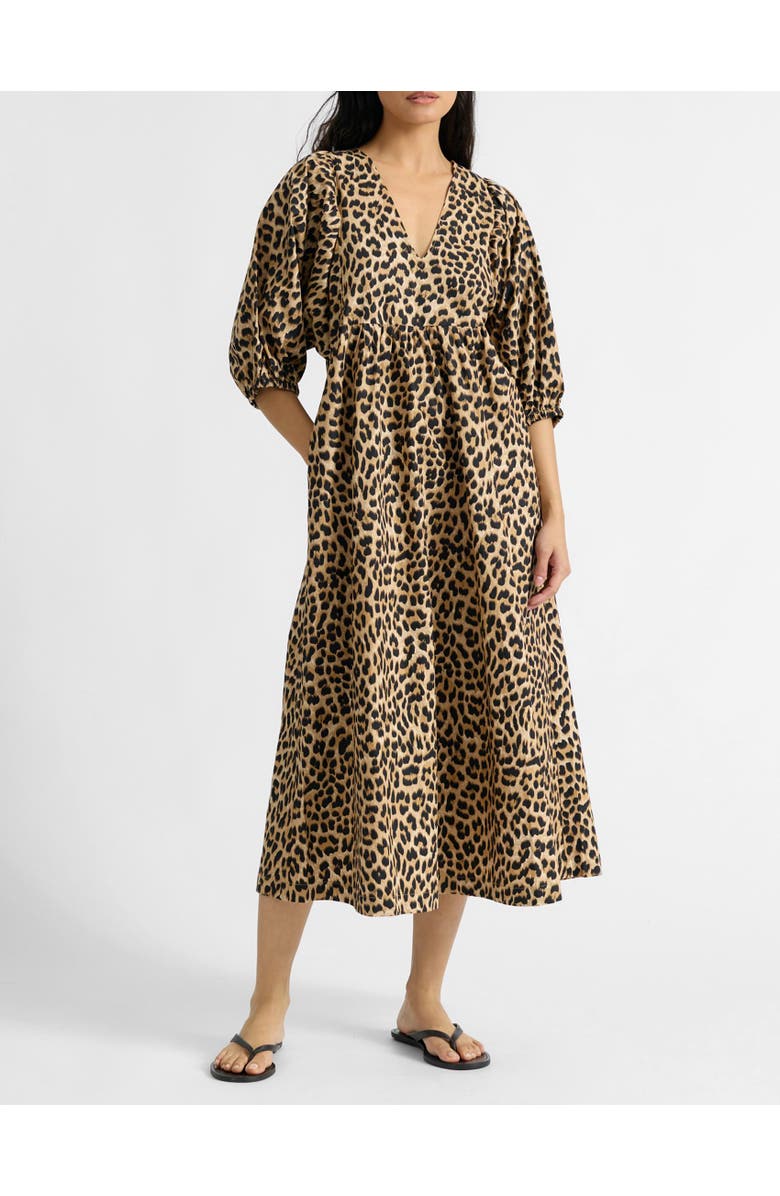 Albaray Animal Print V-Neck Cotton Midi Dress, Alternate, color, Brown