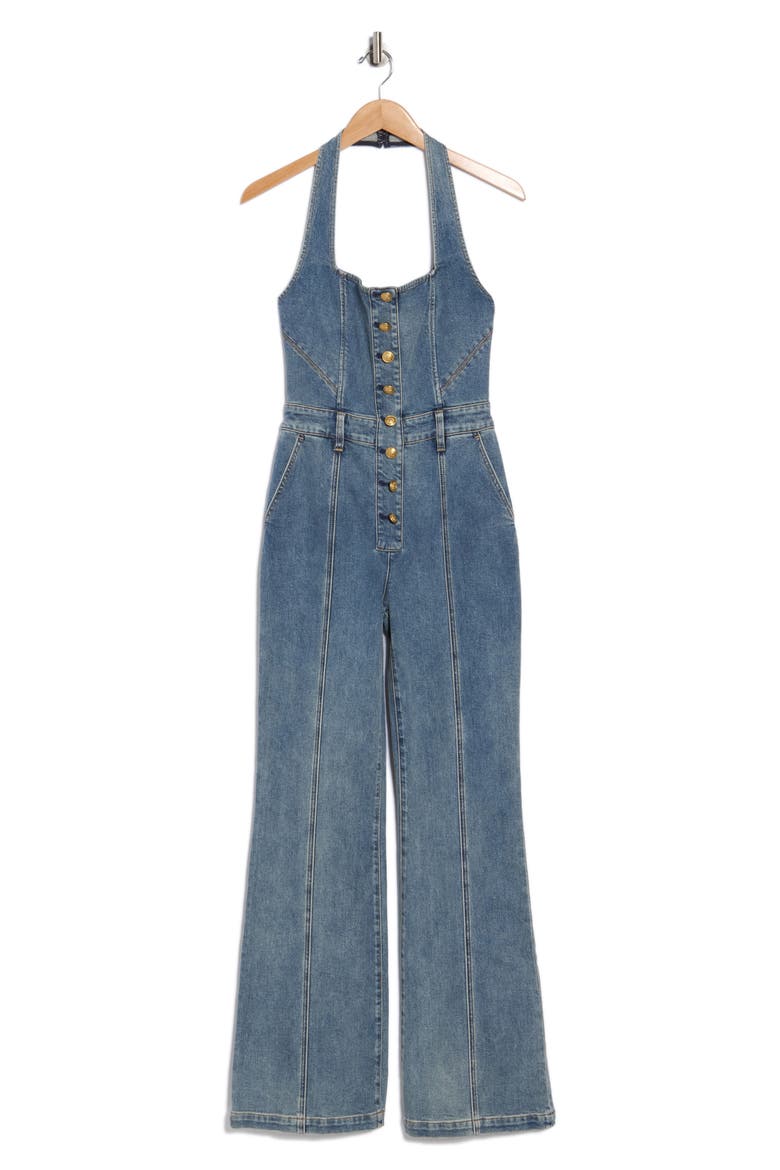 Pennie Halter Neck Bustier Denim Jumpsuit, Alternate, color, ALBERTINE BLUE