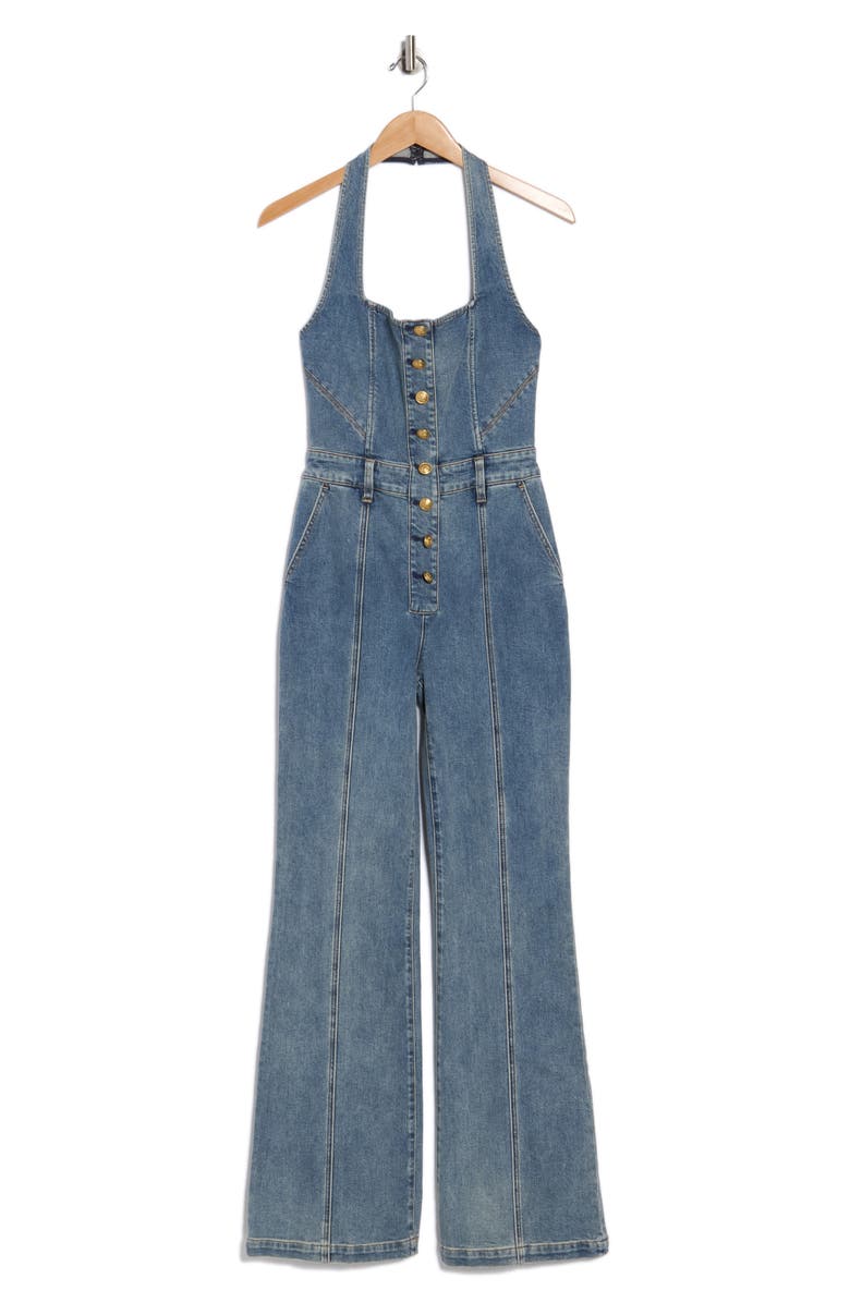 Alice + Olivia Pennie Halter Neck Bustier Denim Jumpsuit, Main, color, Albertine Blue