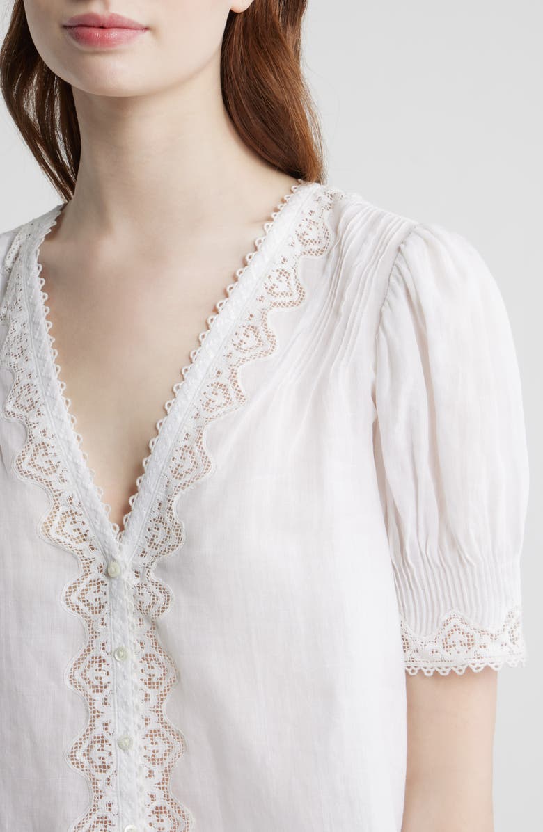 DÔEN Brigitta Lace Trim V-Neck Ramie Top, Alternate, color, Salt