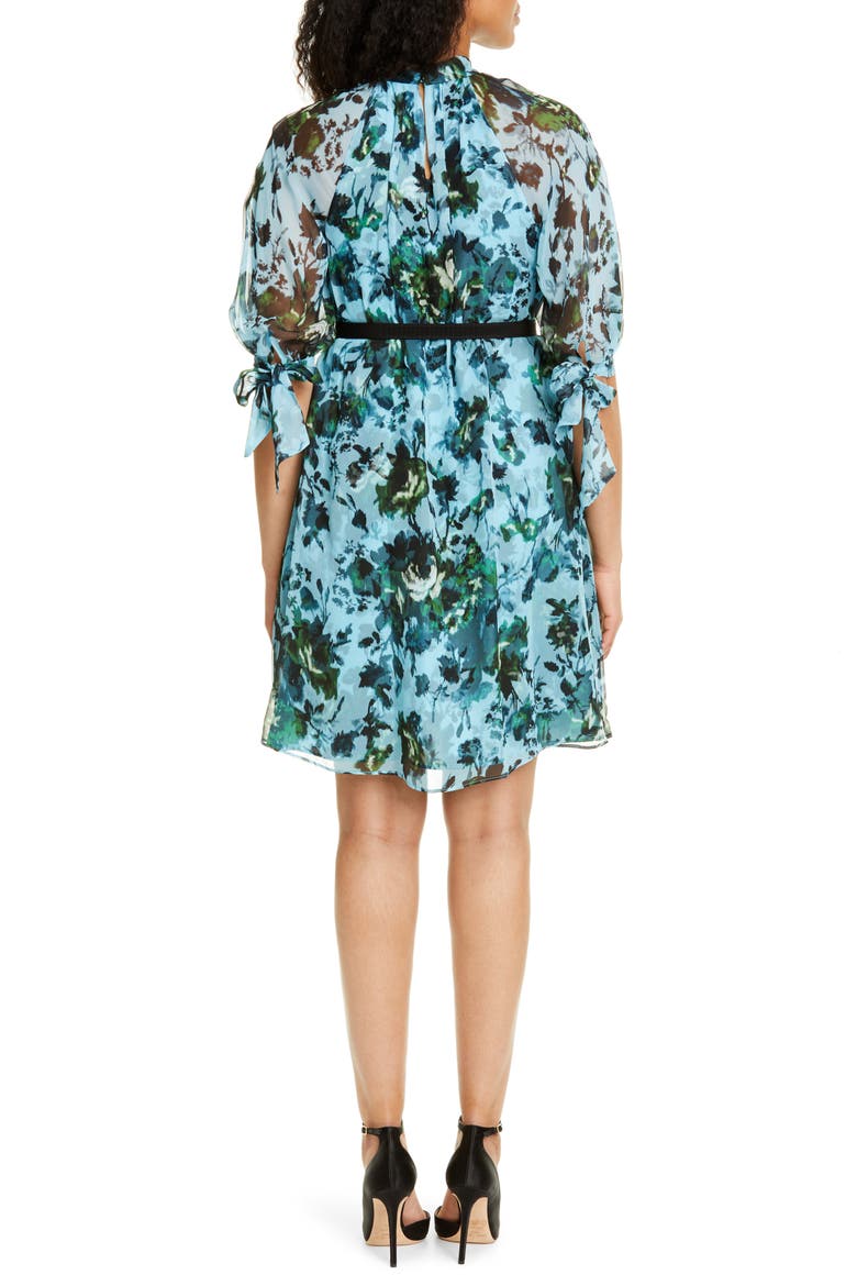Belted Floral Print Silk Voile Dress, Alternate, color, BLUE/ GREEN