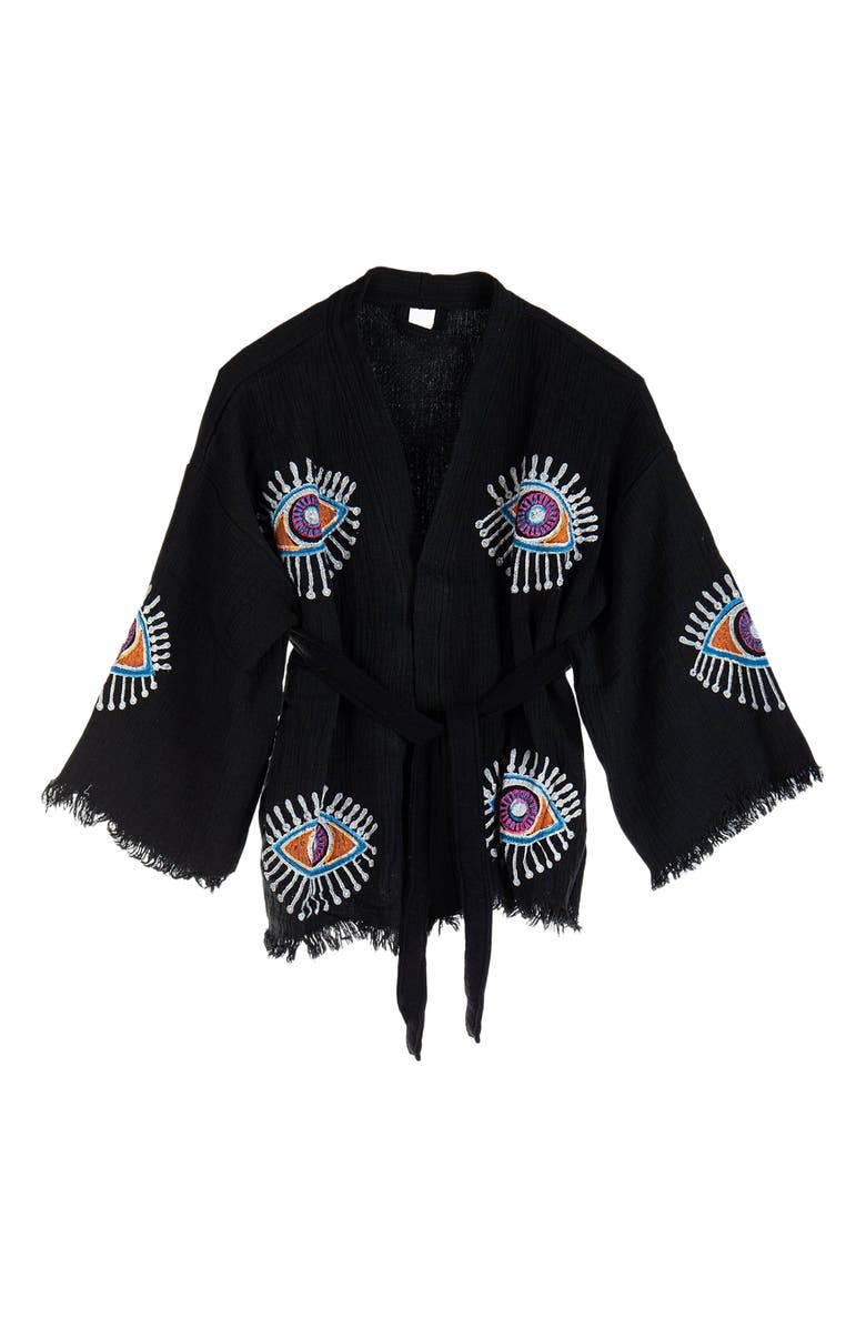 Forever & Always Shoes Sereia Evil Eye Handmade Cotton Short Robe Cover-Up, Main, color, Black