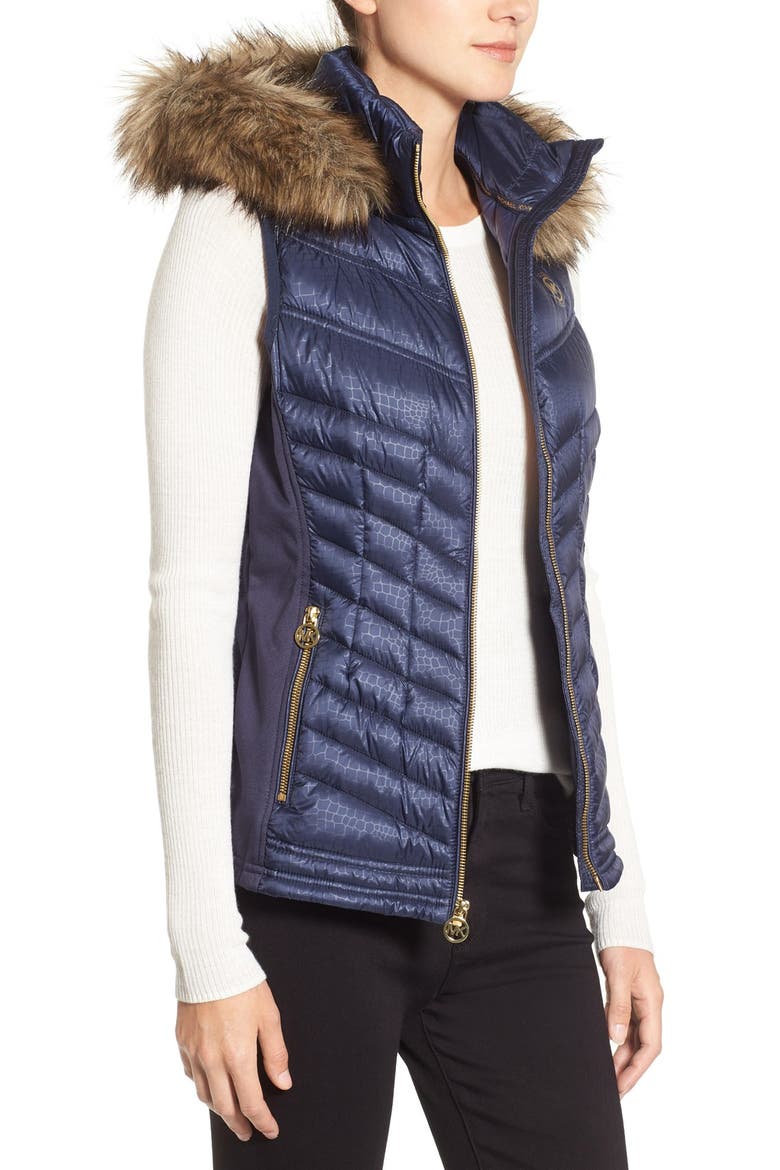 Embossed Mixed Media Down Vest with Detachable Faux Fur Trim Hood, Alternate, color, MIDNIGHT BLUE EMBOSS