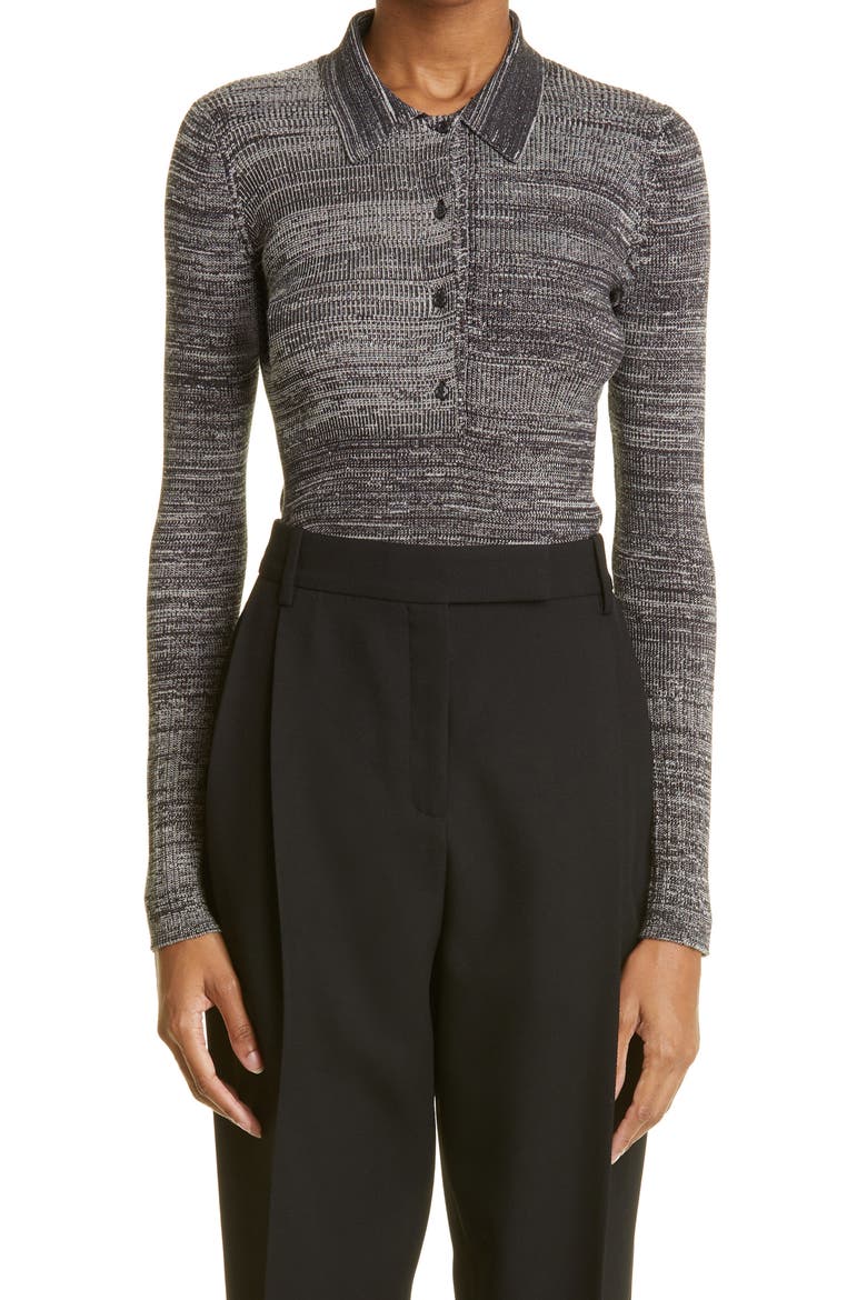 Josie Silk & Cotton Long Sleeve Rib Polo, Main, color, BLACK