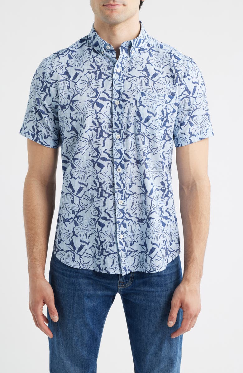 Johnston & Murphy Hampton Stretch Cotton Short Sleeve Button-Up Shirt, Main, color, Blue Hibiscus