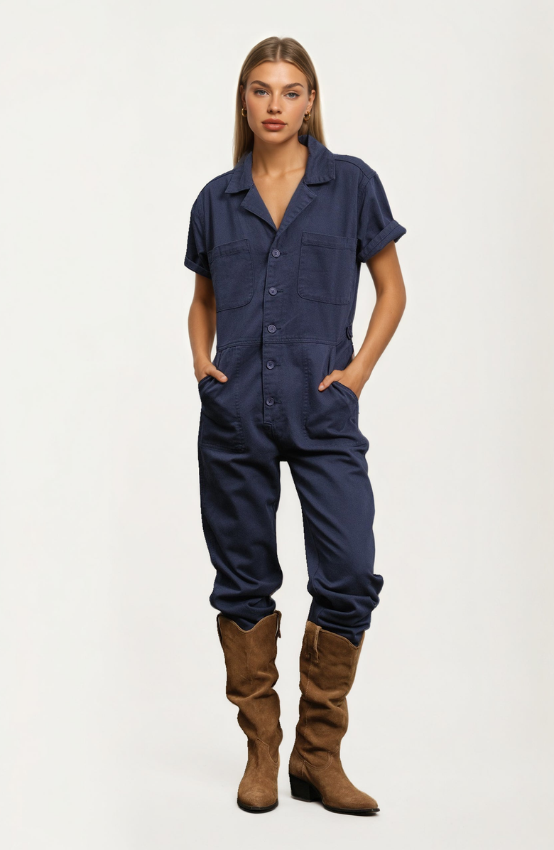 Knit and Lounge Short Sleeve Utility Jumpsuit, Main, color, Dark Blue