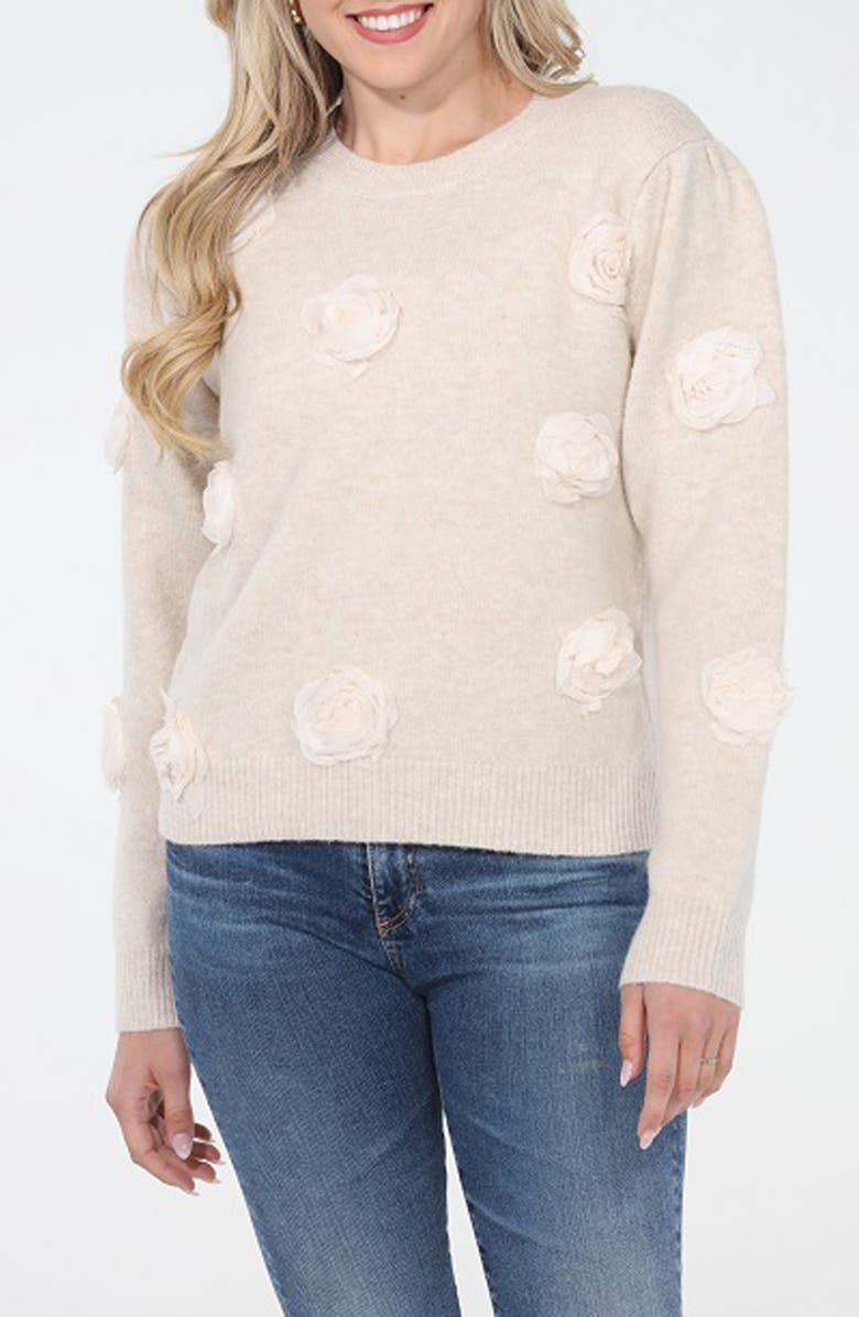 RAIN AND ROSE Floral Appliqué Sweater, Main, color, Beige