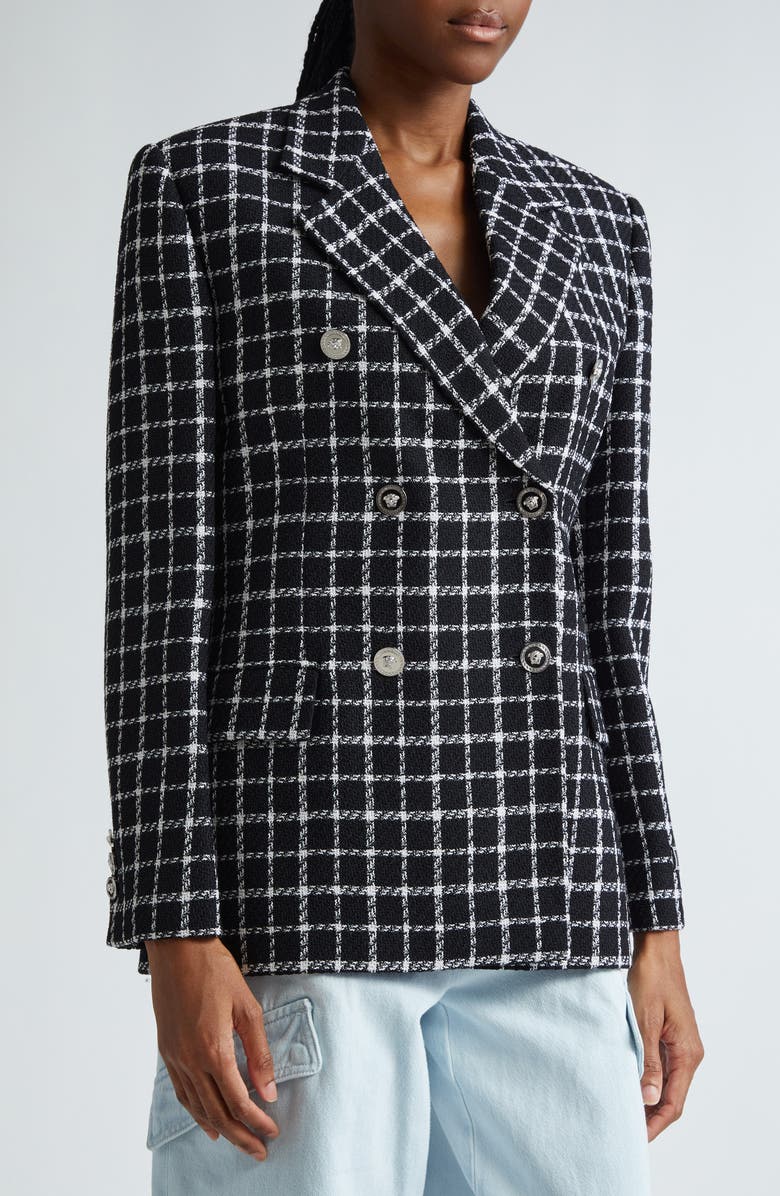 Versace Windowpane Check Double Breasted Crepe Blazer, Alternate, color,
