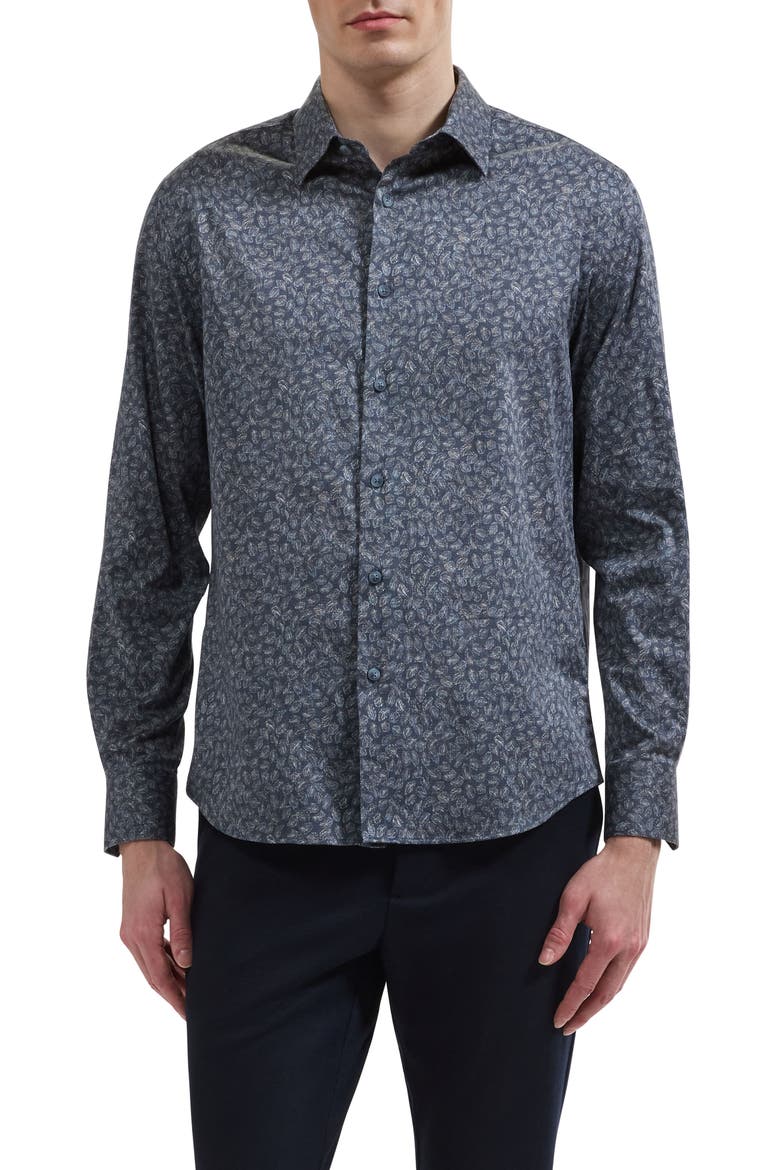 Julian Shaped Fit Leaf Print Stretch Button-Up Shirt, Main, color, STEEL