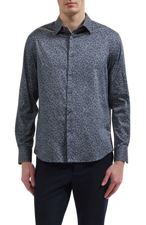 Julian Shaped Fit Leaf Print Stretch Button-Up Shirt