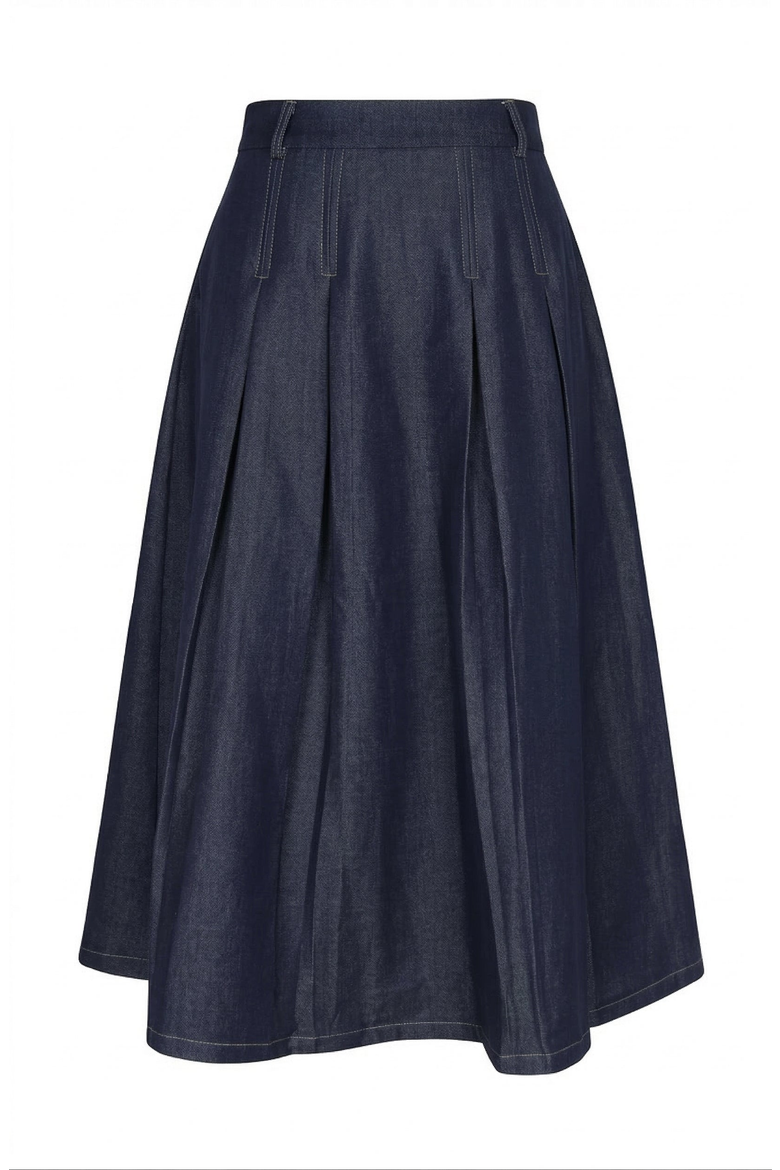 High Waist Pleated Detail A-Line Midi Skirt, Alternate, color, Navy Blue