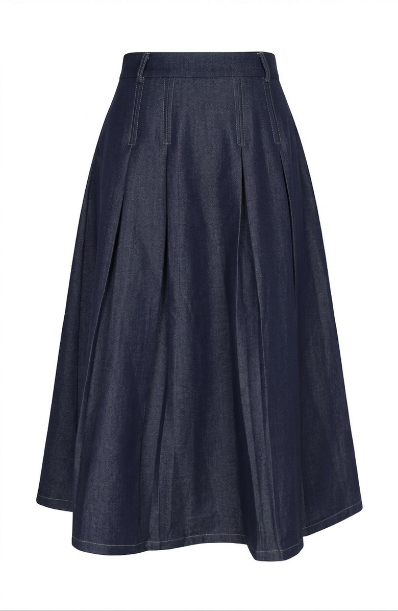 Modenaire High Waist Pleated Detail A-Line Midi Skirt, Alternate, color, Navy Blue