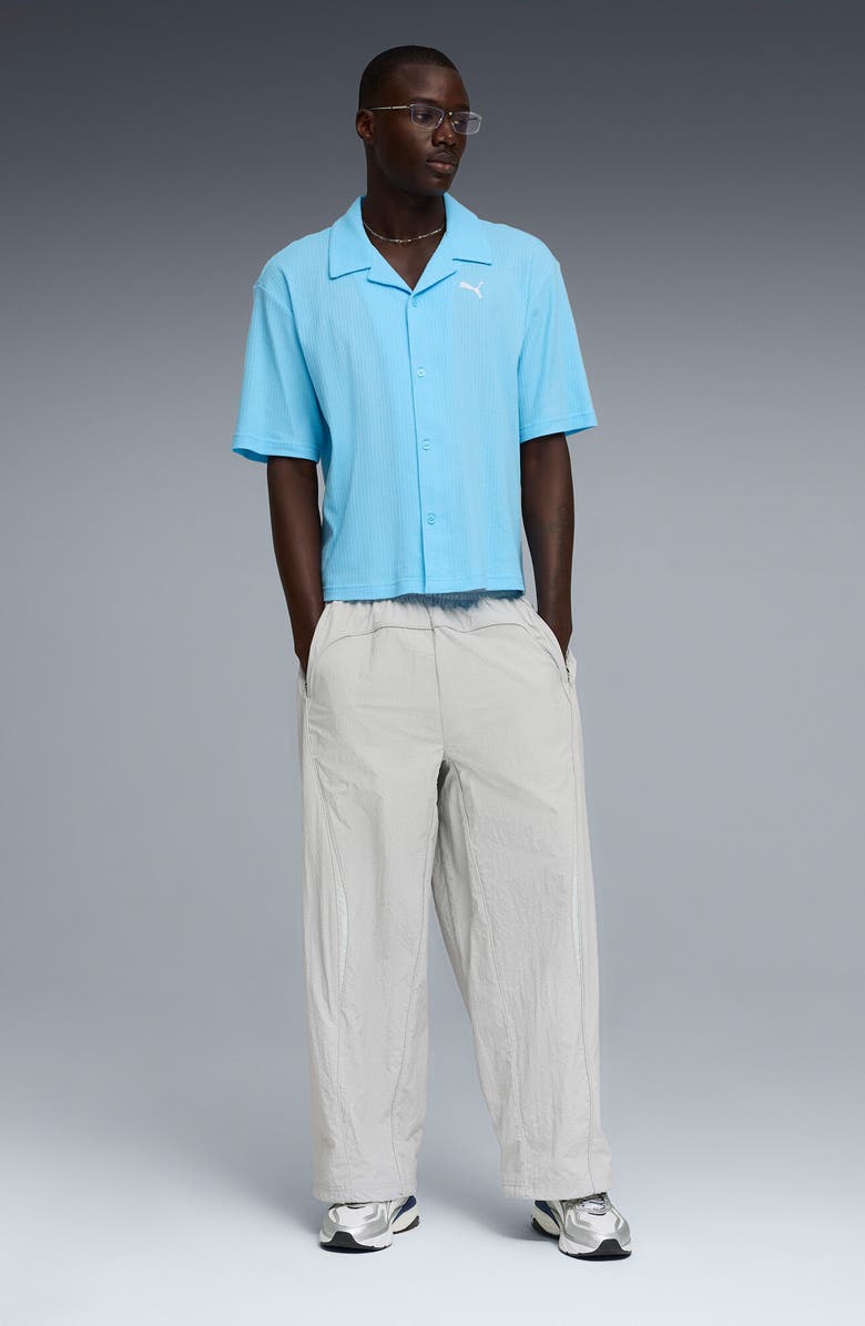 PUMA Wardrobe Essentials Waffle Knit Boxy Button-Up Shirt, Alternate, color, Vibrant Blue