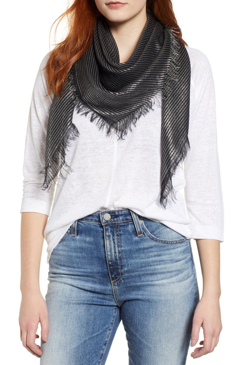 Large Metallic Stripe Square Scarf, Main, color, SILVER