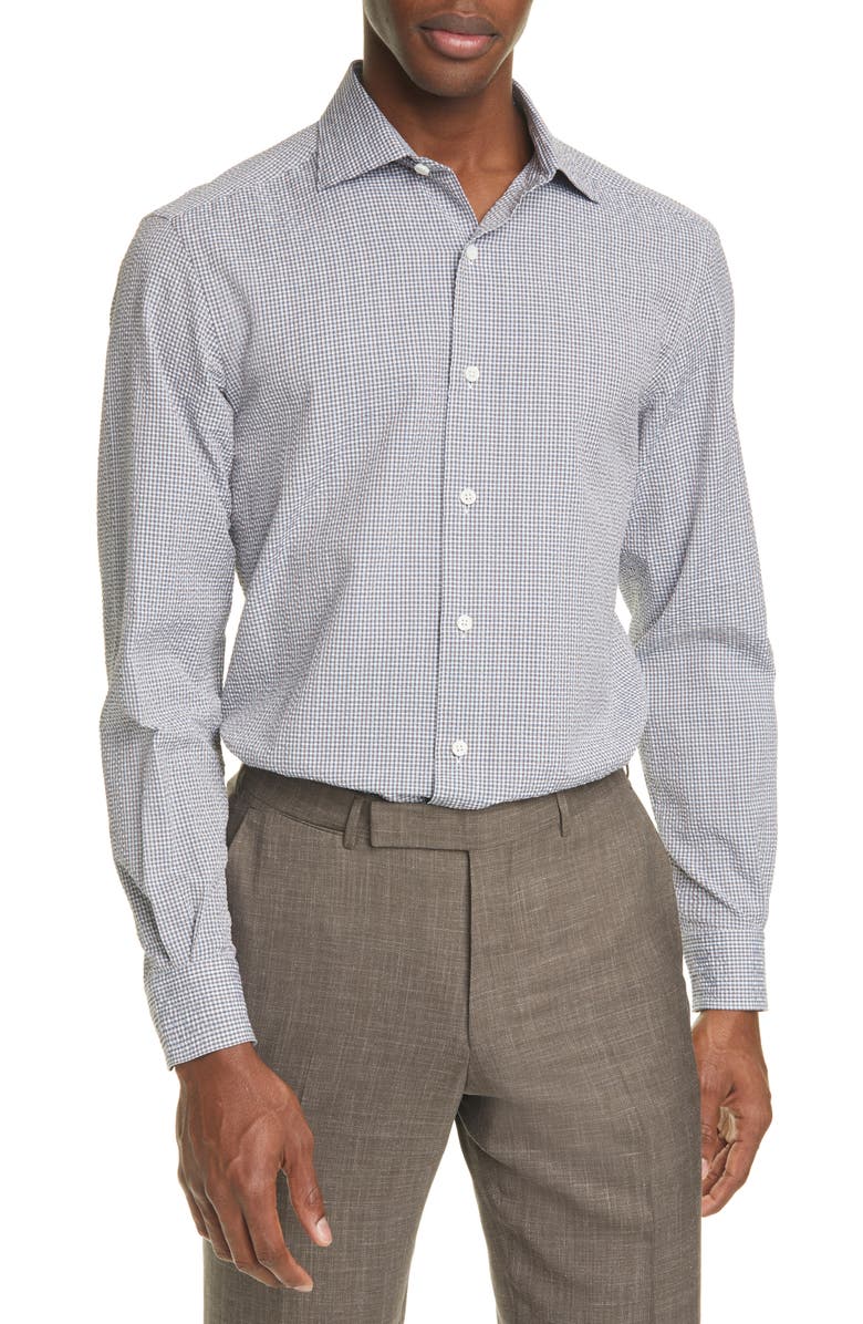 ZEGNA Ermenegildo Zegna Classic Fit Check Seersucker Button-Up Shirt, Main, color, 